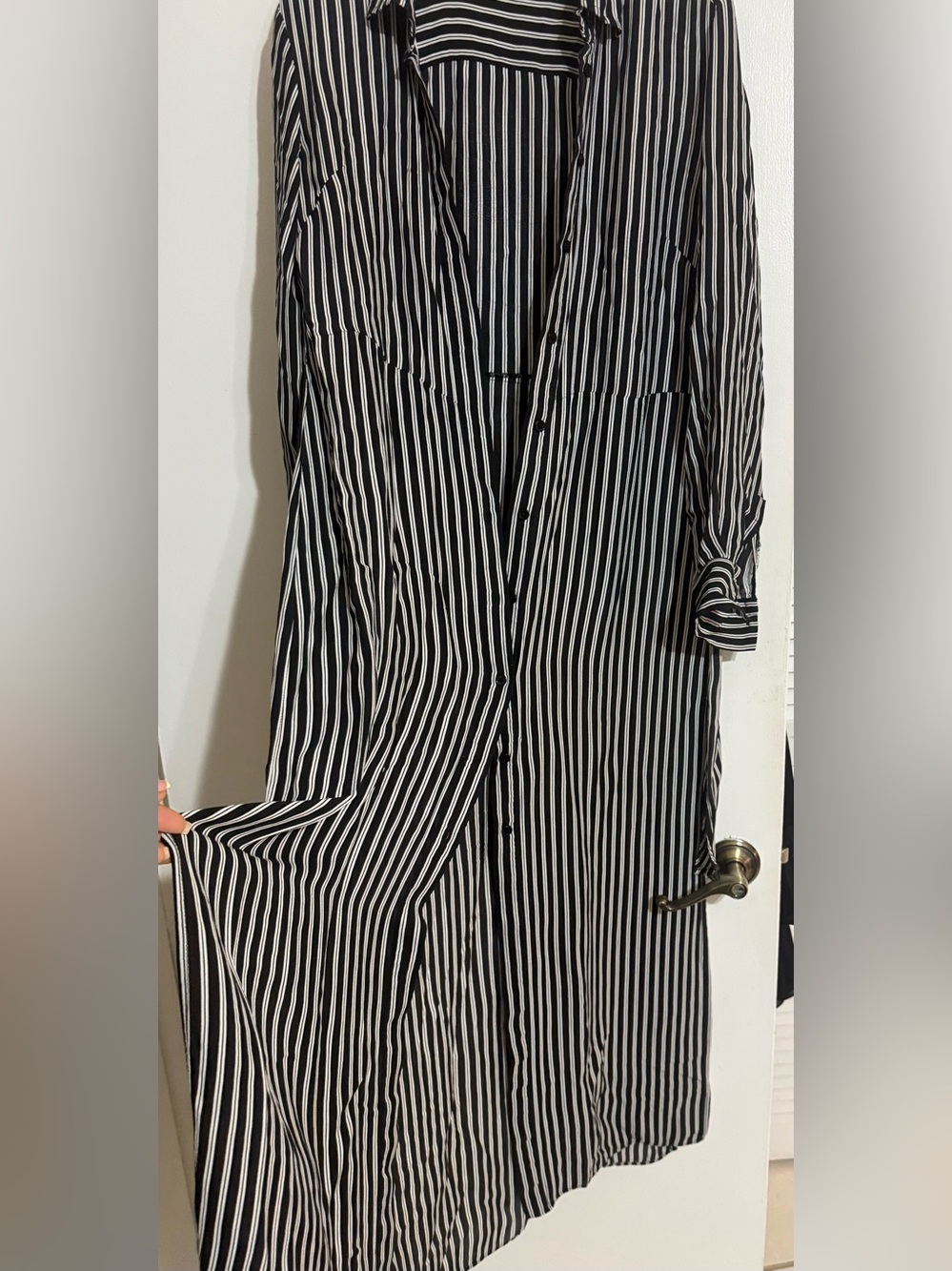 Michael Kors Black and White Vertical Stripe Long Sleeve Tie-Front Dress - Picture 4 of 8